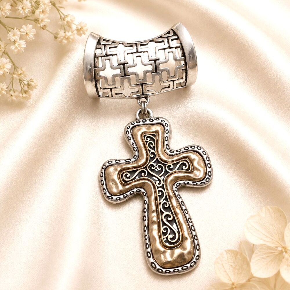 Tri Color Cross Scarf Slide Silver Gold Copper Western Style